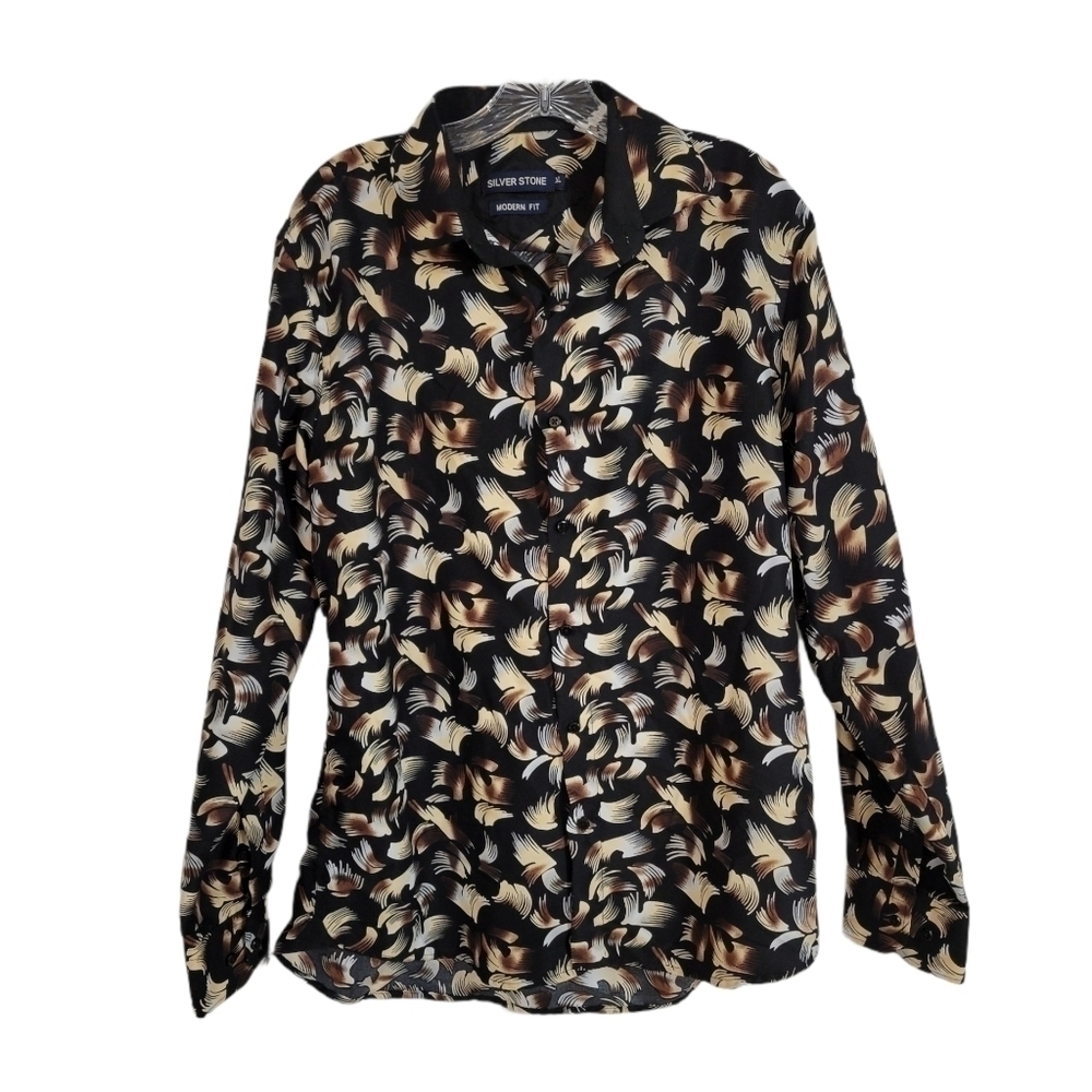 Silver Stone Black Feather Deco Button Down Shirt